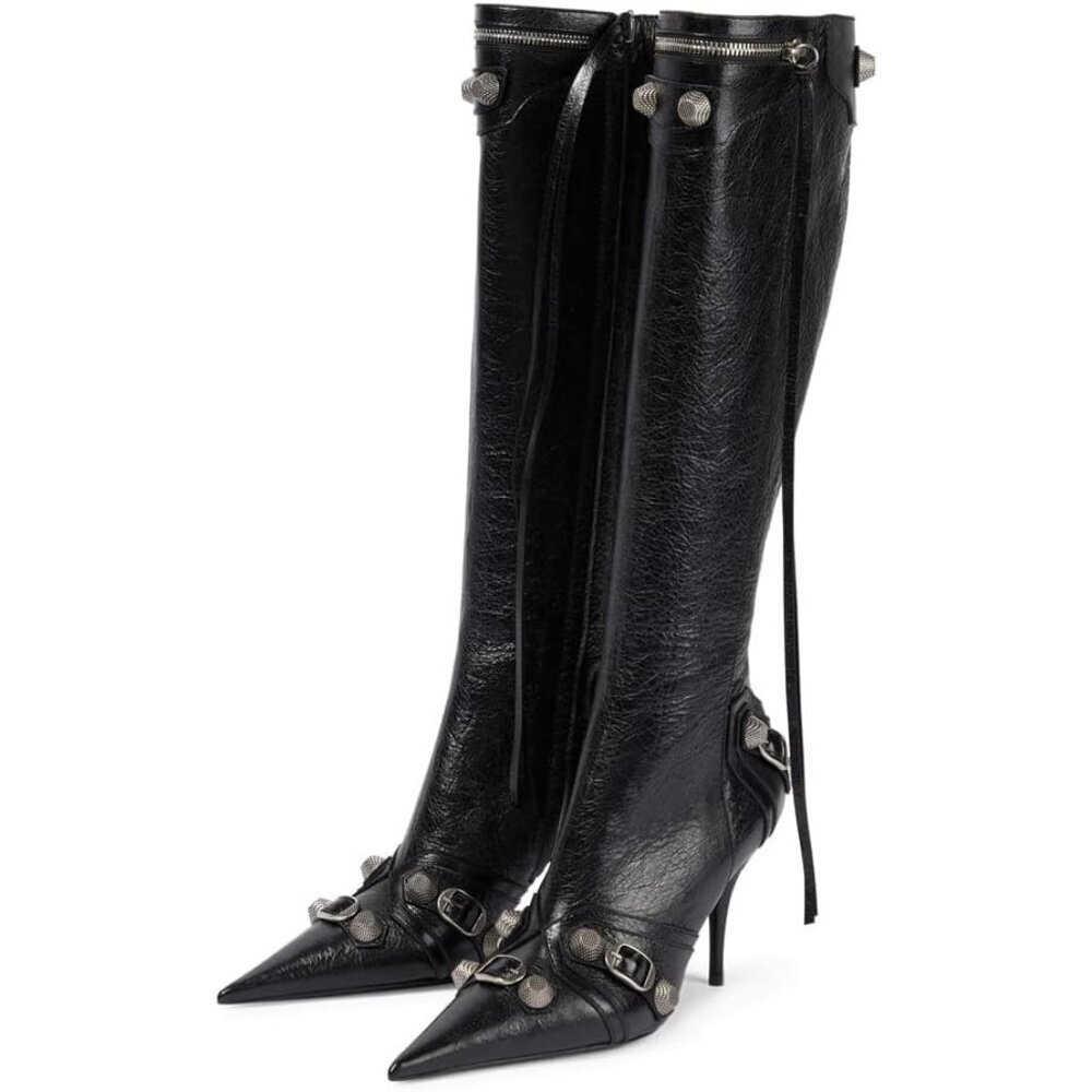 Women's Black Knee High Boots Fashion Slide Zipper Pointed Toe Stiletto Studded